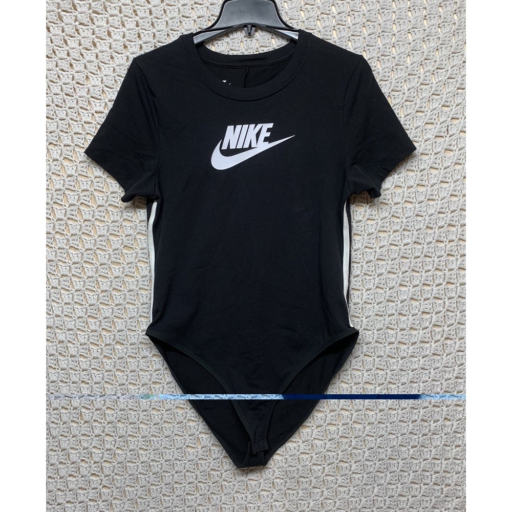 Nike Body Suit Top Women's‎ Size L Black Short Sleeve Crew Neck Snap CJ2355-010